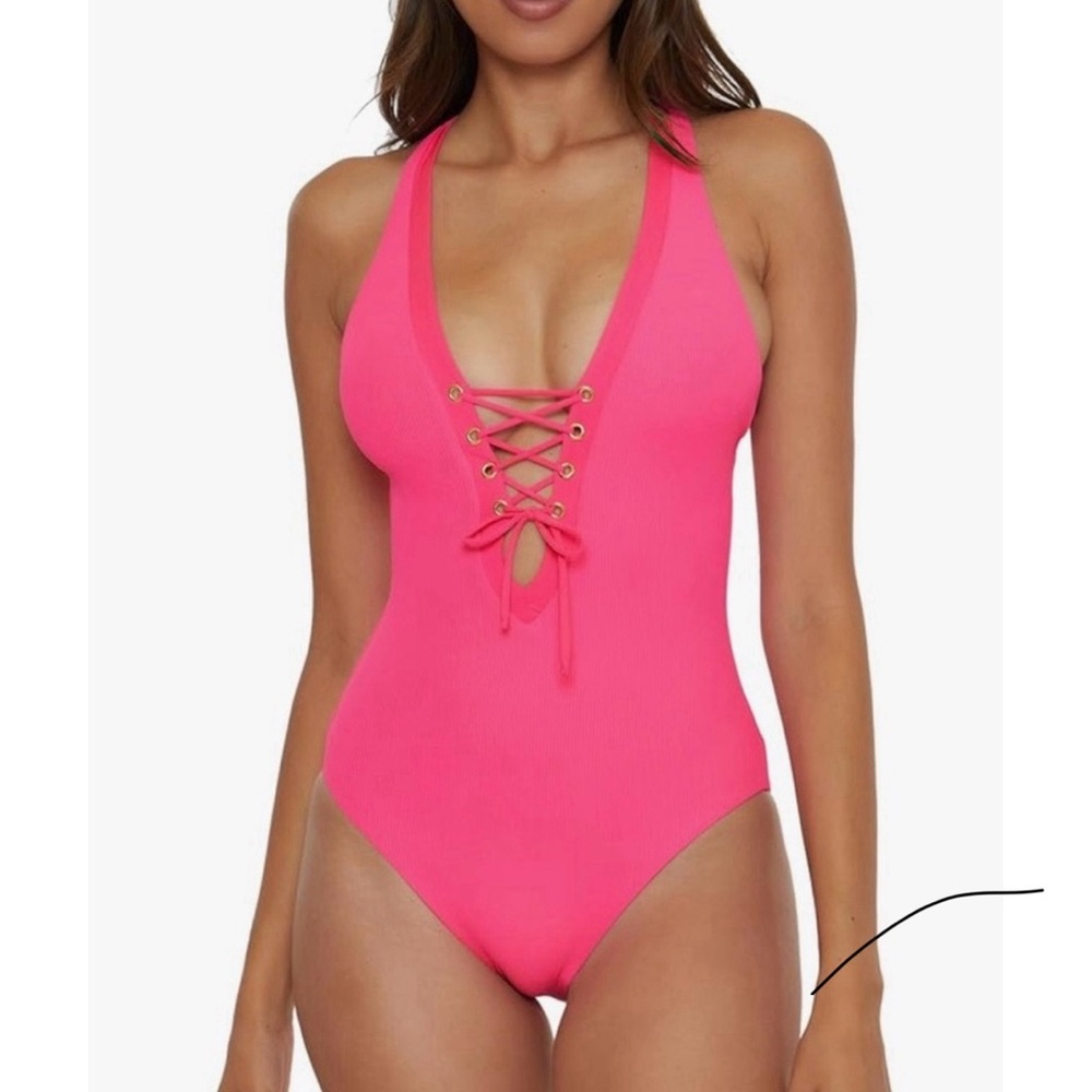 Becca Women’s Modern Edge Plunge Neck Criss Cross Sexy One-Piece Swim Sz M
